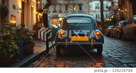 An electric car charges at a street station surrounded by charming buildings on a cozy evening 120228788