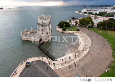 Aerial view of Belem Tower on Tagus river in 120228809