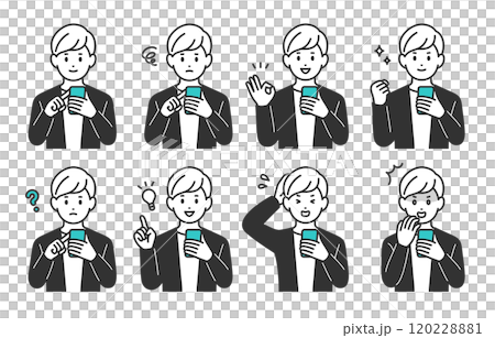 A set of young men with various expressions and poses while looking at their smartphones [People vector illustration material] 120228881