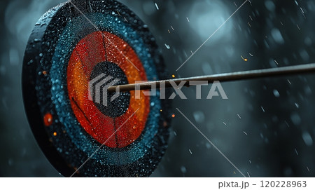 Dart striking a target at the Olympic Games under rainy conditions 120228963