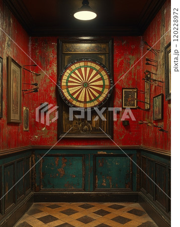 A vintage dart board stands out against a rustic red wall in an intimate game room A vintage dart board stands out against a rustic red wall in an intimate game room 120228972