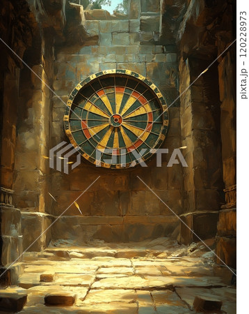 Dart board embedded in ancient ruins with darts thrown at it in a sunlit cavern Dart board embedded in ancient ruins with darts thrown at it in a sunlit cavern 120228973