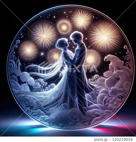 Romantic Silhouette Light Box Art with Dancing Couple Under Fireworks and Floral with Generative AI 120229059