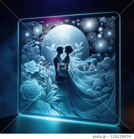 Romantic Silhouette Light Box Art with Dancing Couple Under Fireworks and Floral with Generative AI Romantic Silhouette Light Box Art with Dancing Couple Under Fireworks and Floral with Generative AI 120229074