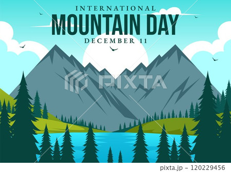 International Mountain Day Vector Illustration Celebrated on December 11, Featuring a Mountain Panorama, Green Valleys, and Trees in a Flat Background 120229456