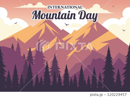 International Mountain Day Vector Illustration Celebrated on December 11, Featuring a Mountain Panorama, Green Valleys, and Trees in a Flat Background 120229457