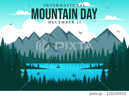 International Mountain Day Vector Illustration Celebrated on December 11, Featuring a Mountain Panorama, Green Valleys, and Trees in a Flat Background 120229458