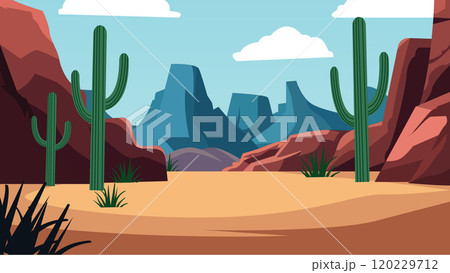 American Desert Landscape with Rocky Cliff Mountain and Cactus in Bright Sky American Desert Landscape with Rocky Cliff Mountain and Cactus in Bright Sky 120229712