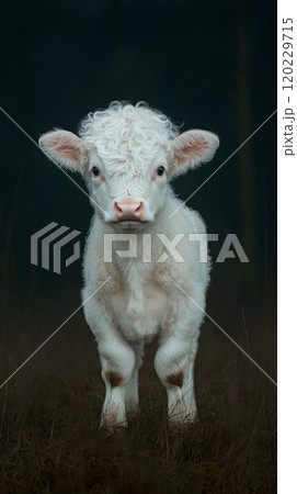 Adorable Highland calf playing joyfully in the serene forest during a sunny afternoon 120229715