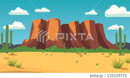 American Desert Landscape with Rocky Cliff Mountain and Cactus in Bright Sky American Desert Landscape with Rocky Cliff Mountain and Cactus in Bright Sky 120229725
