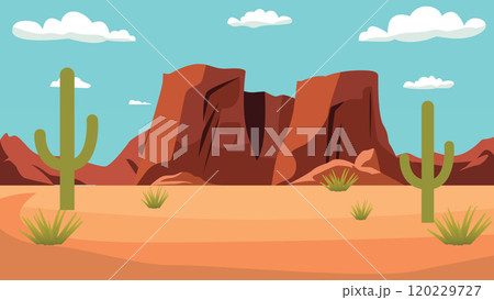 American Desert Landscape with Rocky Cliff Mountain and Cactus in Bright Sky American Desert Landscape with Rocky Cliff Mountain and Cactus in Bright Sky 120229727
