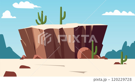 American Desert Landscape with Rocky Cliff Mountain and Cactus in Bright Sky 120229728