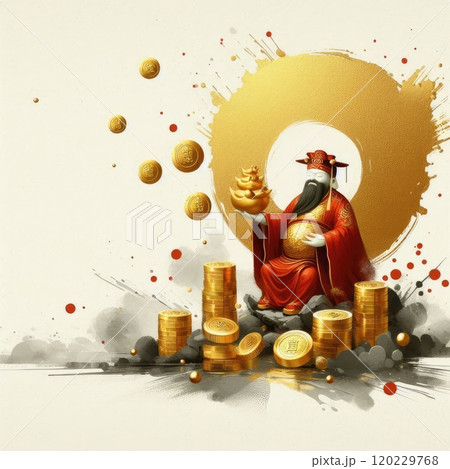 Chinese God of Wealth (Caishen) with Golden Coins - Luxury Neon Digital Art for Lunar New Year with Generative AI. 120229768