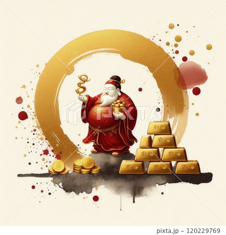 Chinese God of Wealth (Caishen) with Golden Coins - Luxury Neon Digital Art for Lunar New Year with Generative AI. 120229769