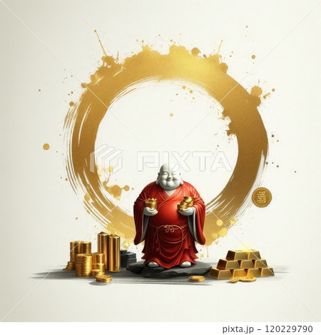 Chinese God of Wealth (Caishen) with Golden Coins - Luxury Neon Digital Art for Lunar New Year with Generative AI. 120229790