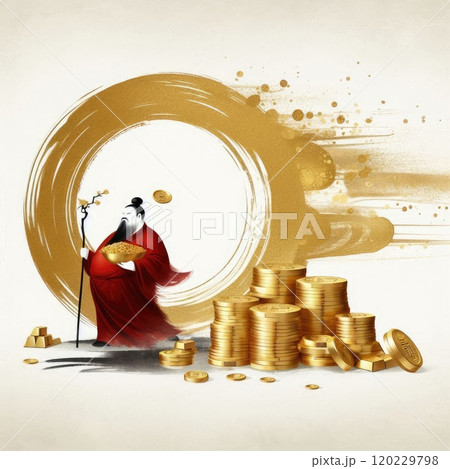 Chinese God of Wealth (Caishen) with Golden Coins - Luxury Neon Digital Art for Lunar New Year with Generative AI. Chinese God of Wealth (Caishen) with Golden Coins - Luxury Neon Digital Art for Lunar New Year with Generative AI. 120229798