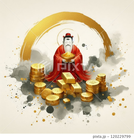 Chinese God of Wealth (Caishen) with Golden Coins - Luxury Neon Digital Art for Lunar New Year with Generative AI. 120229799