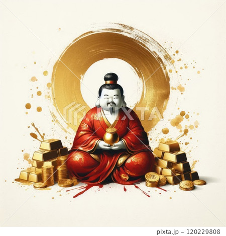 Chinese God of Wealth (Caishen) with Golden Coins - Luxury Neon Digital Art for Lunar New Year with Generative AI. Chinese God of Wealth (Caishen) with Golden Coins - Luxury Neon Digital Art for Lunar New Year with Generative AI. 120229808