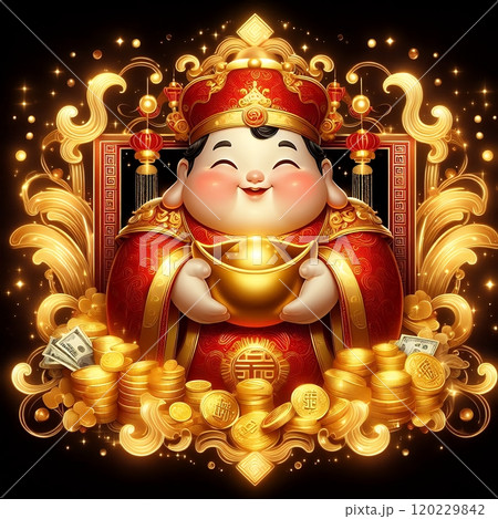 Chinese God of Wealth (Caishen) with Golden Coins - Luxury Neon Digital Art for Lunar New Year with Generative AI. 120229842