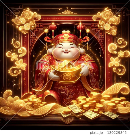 Chinese God of Wealth (Caishen) with Golden Coins - Luxury Neon Digital Art for Lunar New Year with Generative AI. 120229843