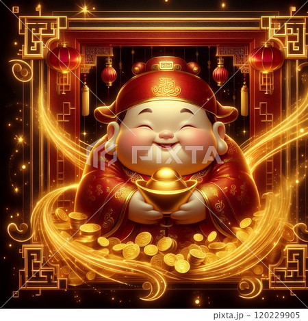 Chinese God of Wealth (Caishen) with Golden Coins - Luxury Neon Digital Art for Lunar New Year with Generative AI. 120229905