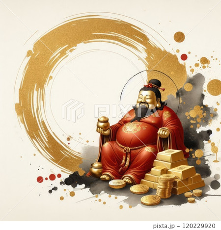 Chinese God of Wealth (Caishen) with Golden Coins - Luxury Neon Digital Art for Lunar New Year with Generative AI. 120229920