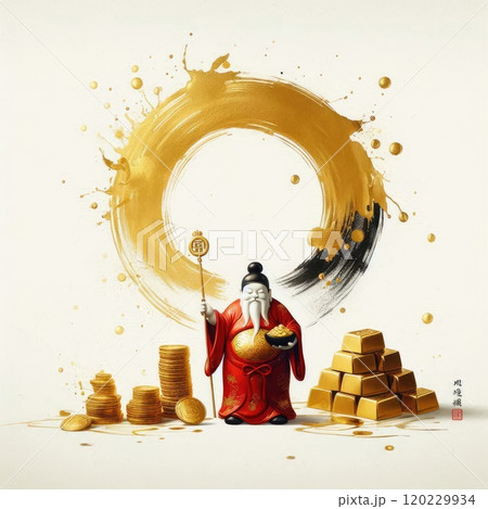 Chinese God of Wealth (Caishen) with Golden Coins - Luxury Neon Digital Art for Lunar New Year with Generative AI. 120229934