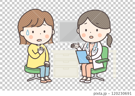 A woman becomes anxious when a female doctor explains her diagnosis to her. 120230691