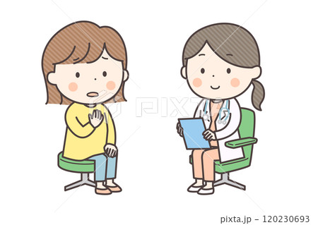 女性医師に症状を不安な様子で話す女性 120230693