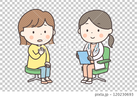 女性医師に症状を不安な様子で話す女性 120230693