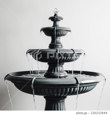 Elegant black fountain with flowing water, adding beauty to any architectural space. Elegant black fountain with flowing water, adding beauty to any architectural space. 120231644