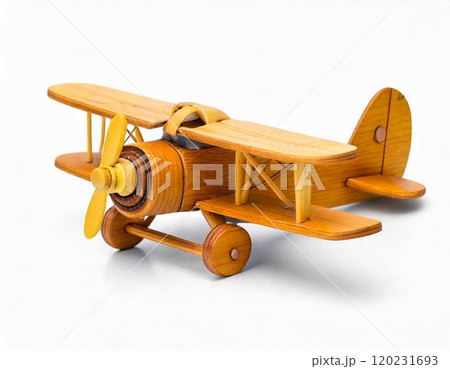 Wooden toy airplane model showcasing craftsmanship and design. 120231693