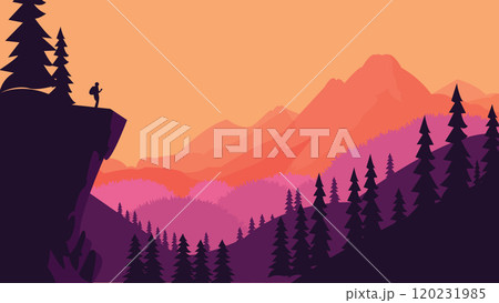 Hiker Silhouette on the Top of Cliff with Mountain Landscape and Pine Tree in the Forest at Sunset 120231985