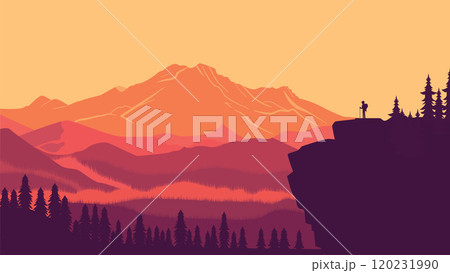 Hiker Silhouette on the Top of Cliff with Mountain Landscape and Pine Tree in the Forest at Sunset 120231990