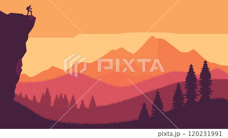 Hiker Silhouette on the Top of Cliff with Mountain Landscape and Pine Tree in the Forest at Sunset 120231991