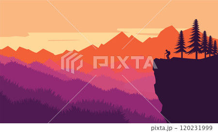 Hiker Silhouette on the Top of Cliff with Mountain Landscape and Pine Tree in the Forest at Sunset 120231999