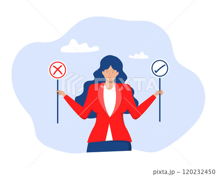 Businesswoman decision right or wrong, true or false, correct and incorrect, moral choosing option concept, thoughtful.flat design with people.vector Businesswoman decision right or wrong, true or false, correct and incorrect, moral choosing option concept, thoughtful.flat design with people.vector 120232450