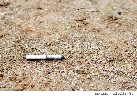 火がついたままポイ捨てされ自然消化したタバコが落ちている風景 120232480