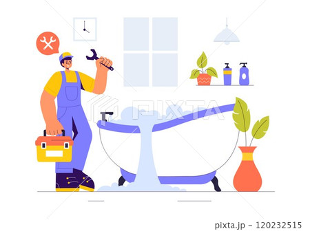 Vector Illustration of a Home Service Team featuring Cleaners, Renovation Workers, and Repairmen Building and Maintaining a House in a Flat Background 120232515