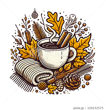 Cozy autumn cup with cinnamon and fall leaves vector illustration Cozy autumn cup with cinnamon and fall leaves vector illustration 120232573
