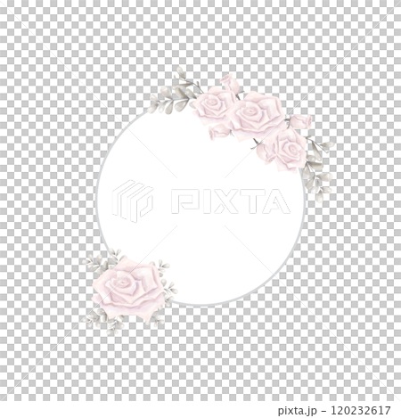 Banner Round White with Silver Border, Pink Dusty Roses, Silver Foliage, Watercolor Digital Illustration Copy Space with Empty Space for Text, Print and Web High Quality 120232617