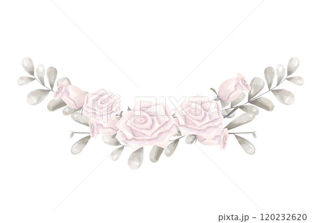 Watercolor Floral Arrangement Rounded Antique Style with Pink Roses and Silver Foliage, Digital Illustration Copy Space Invitation for Print on Physical and Digital Products 120232620