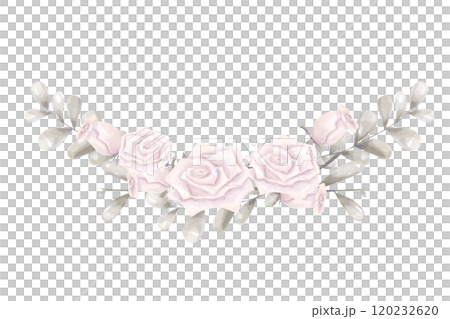 Watercolor Floral Arrangement Rounded Antique Style with Pink Roses and Silver Foliage, Digital Illustration Copy Space Invitation for Print on Physical and Digital Products 120232620