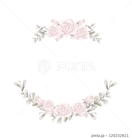 Watercolor Floral Wreath Divided in Antique Style with Pink Roses and Silver Foliage, Digital Illustration Copy Space Invitation for Print on Physical and Digital Products 120232621