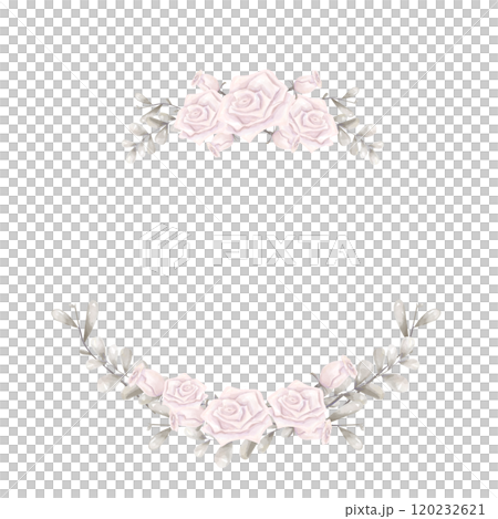 Watercolor Floral Wreath Divided in Antique Style with Pink Roses and Silver Foliage, Digital Illustration Copy Space Invitation for Print on Physical and Digital Products 120232621