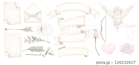 Collection Set Valentine's Day, Watercolor Illustrations with Cupid, Banners, Flowers Roses Pink, Gray Branches with Leaves, Bow, Arrow, Heart, Parchment Sheets, Ribbons, Envelope 120232627