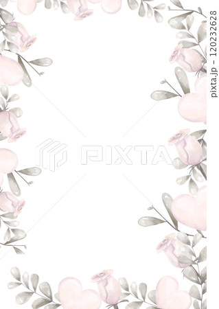Frame Rectangular Floral Vertical, with Pink Roses, Silver Foliage, Pink Hearts, Watercolor Digital Illustration Copy Space with Empty Space for Inscription, Print and Web High Quality 120232628
