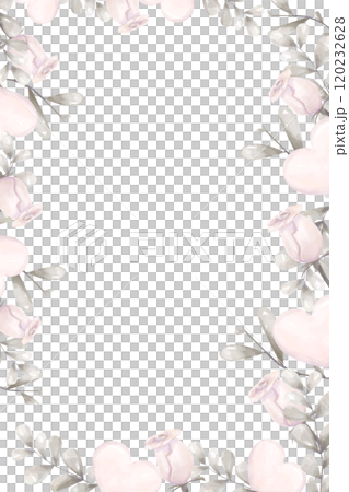 Frame Rectangular Floral Vertical, with Pink Roses, Silver Foliage, Pink Hearts, Watercolor Digital Illustration Copy Space with Empty Space for Inscription, Print and Web High Quality 120232628