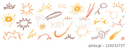 Comic cartoon boom speed effect, explosive motion line element set. Comic boom burst, explosive smoke, line speed cartoon vector icon. Hand drawn sketch doodle action effect. Vector Comic cartoon boom speed effect, explosive motion line element set. Comic boom burst, explosive smoke, line speed cartoon vector icon. Hand drawn sketch doodle action effect. Vector 120232737