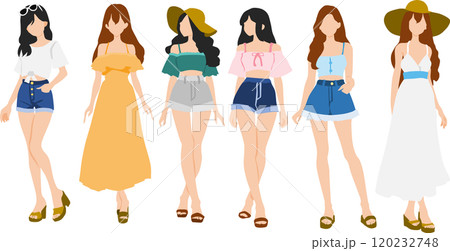夏服を着た女性のイラストセット 120232748